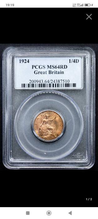 Moeda 1/4 Penny 1924 Grã-Bretanha PCGS MS64 RD – Excelente Estado