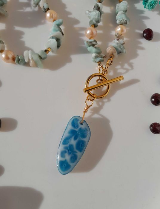 Naszyjnik z kamienia naturalnego Larimar, perły.
