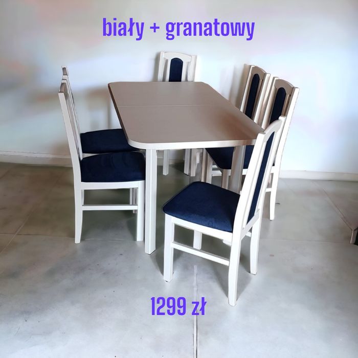 Nowe : Stół rozkładany + 6 krzeseł,  BIALY + GRANAT ,dostawa PL