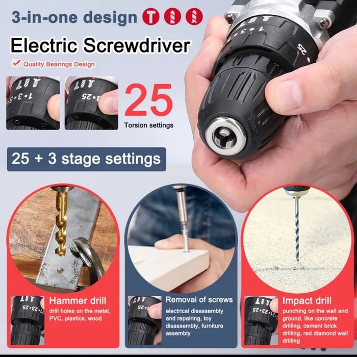 3w1 Wiertarka Wkrętarka Udarowa Śrubokręt z 2 Akumulatorami