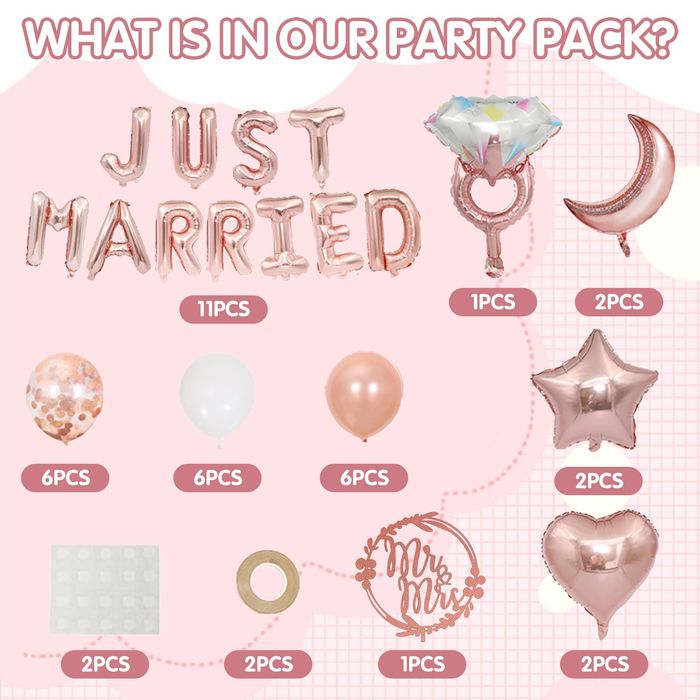 Just Married Wedding Decor Set - Balloons & Garland - Rose Gold 41pcs