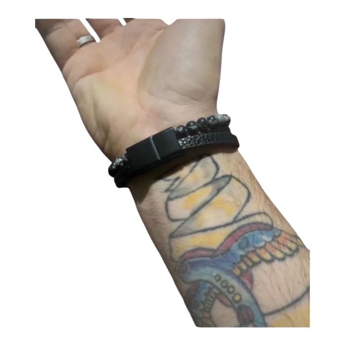 Stylowa elegancka bransoletka męska skórzana krzyż  korale casual