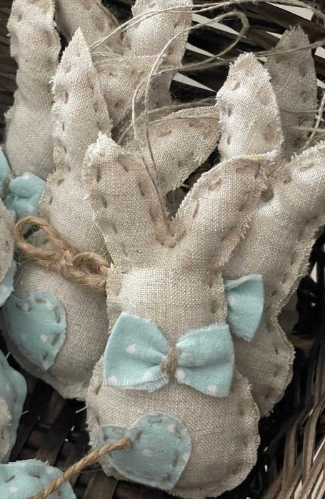 Komplet 5 lnianych zajączków – zawieszki handmade