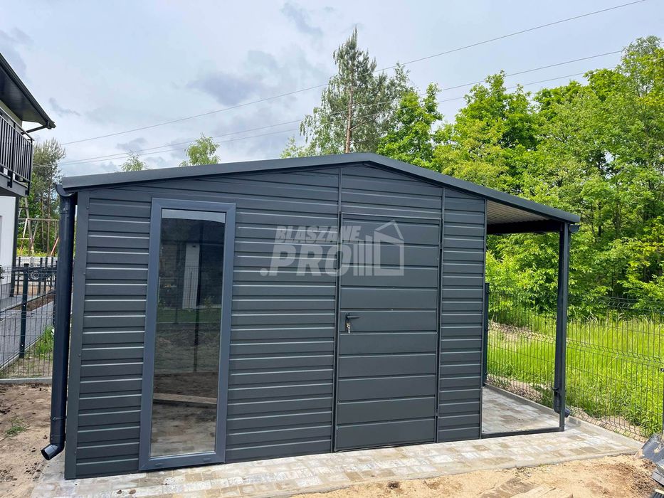 Domek Ogrodowy 4x2,5m Wiata 1x2,5m  Antracyt  Dwuspadowy  rynny GP568