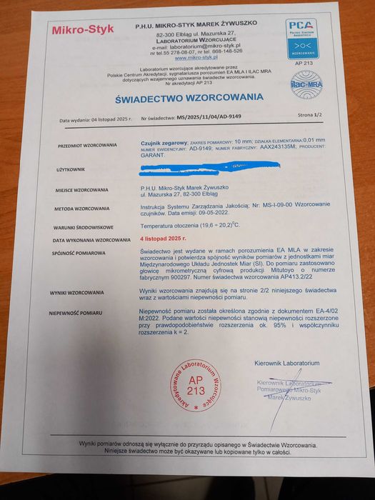 Mikrometr do kanałków, Mitutoyo świadectwo wzorcowania PCA