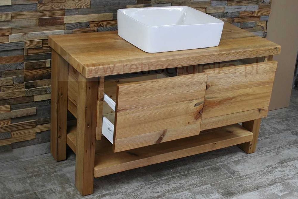 Szafka łazienkowa stojąca, stare drewno, dwie szuflady, jasne drewno