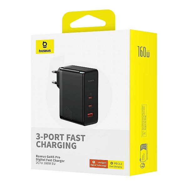 Ładowarka sieciowa GaN Baseus GaN5 Pro 2x USB-C / USB-A 160W - czarna