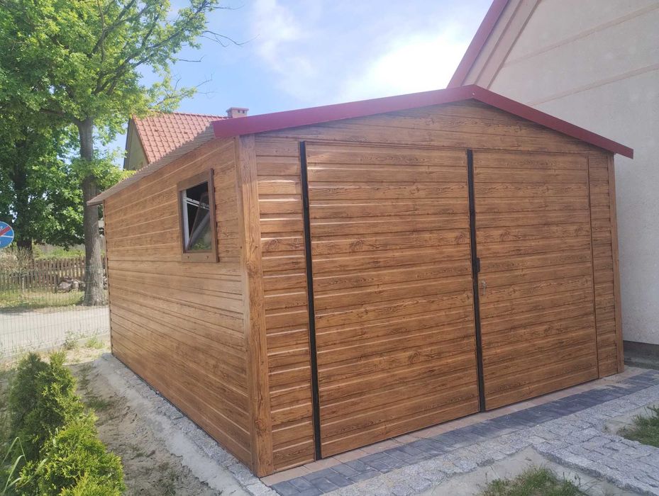 garaż blaszany 4,5x6 z wiatą, drewnopodobny, profil zamknięty, hale