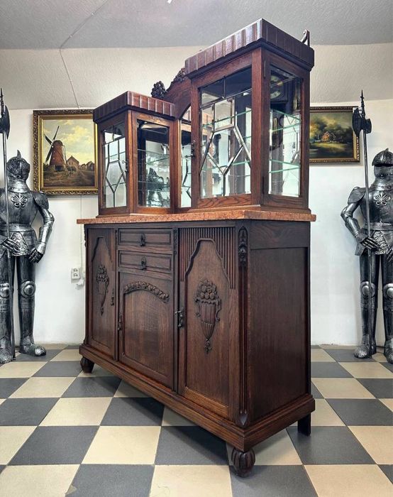 Антикварна різьблена вітрина сервант буфет трюмо дерево мармур витрина дуб 3795