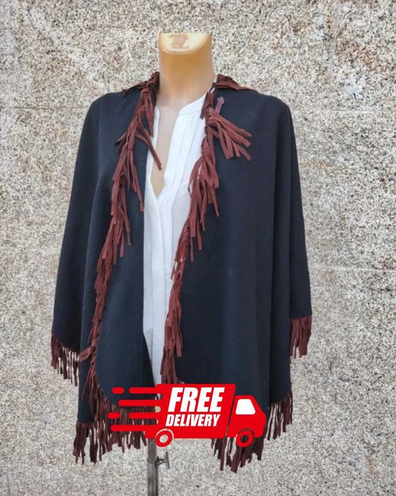 Poncho/Capa de Lã com Franjas Boho-Chic - Marca Hobby - ENVIO GRÁTIS