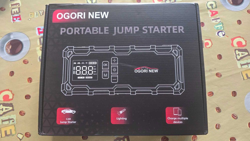 Jumpstarter, Powerbank 12V e 5V, Air pump, Led flash light