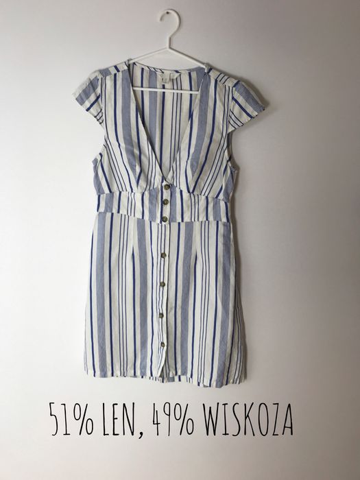 Biała lniana krótka sukienka w niebieskie paski H&M, wakacyjny hit