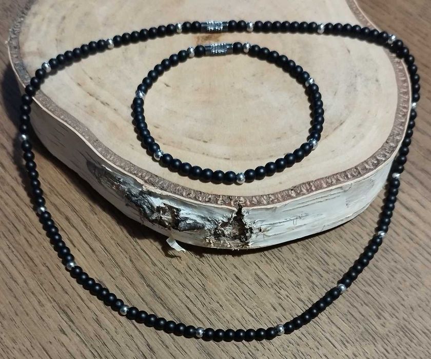 Naszyjnik męski bransoletka komplet „czarny Agat”