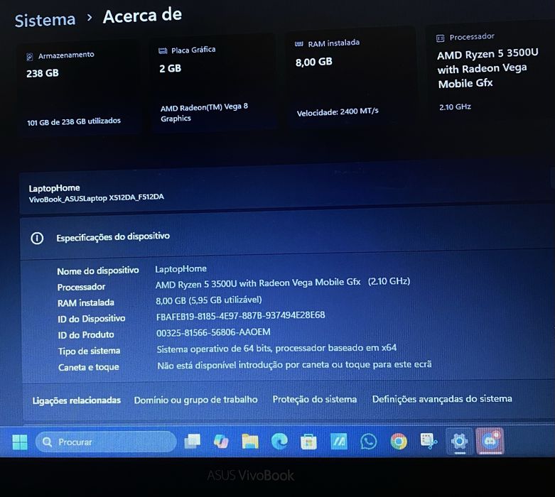 ASUS VivoBook X512DA – Ryzen 5 / 8GB RAM / SSD 256GB – Bom Estado