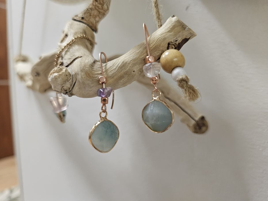 Komplet amazonit ametyst różowe złoto kolczyki i bransoletka