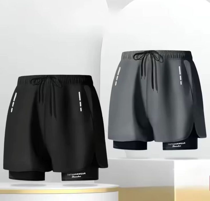 Шорты мужские спортивные 2 в 1 с подкладкой тайтсы карман для телефона