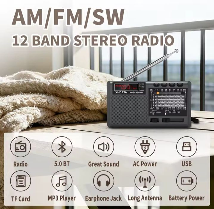 Радіоприймач Xhdata D368 FM/AM/SW MP3, Bluetooth, УКВ  64-108 МГЦ