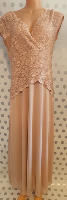 Elegancka sukienka maxi z koronką i cekinami | Kolor pudrowy róż