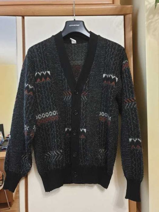 Wełniany kardigan vintage czarny wzorzysty retro
