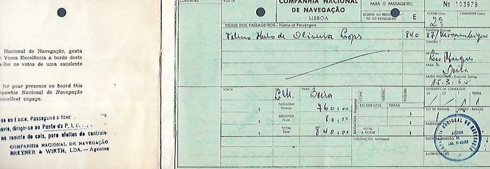 CNN - Companhia Nacional de Navegação - Bilhete de Passagem Antigo 1965 -  Lourenço Marques-Beira Moçambique