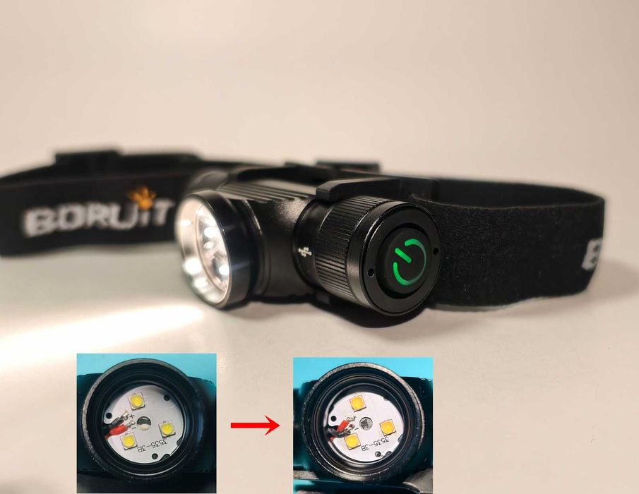 Poprawiona czołówka, wymienione diody, 3800K, 1800LM, CRI 97