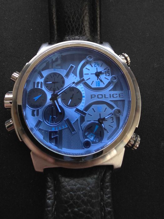 Relógio Police grande Azul | Pulseira em Pele Genuína