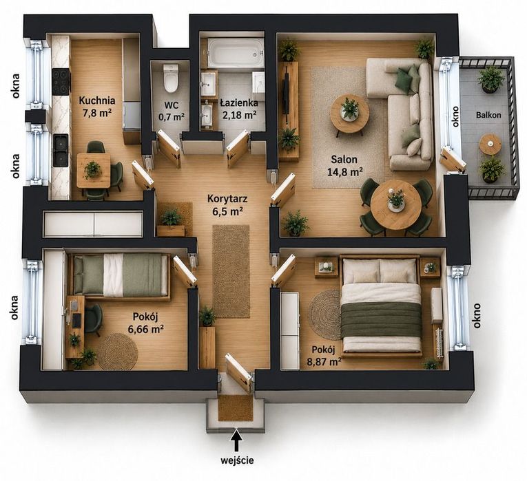 3 pokoje + balkon | 48,47 m² | Kościuszki | do aranżacji