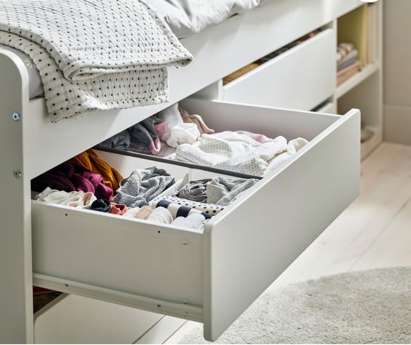 Estrut cama c/arrum+estrad ripas, branco, 90x200 cm