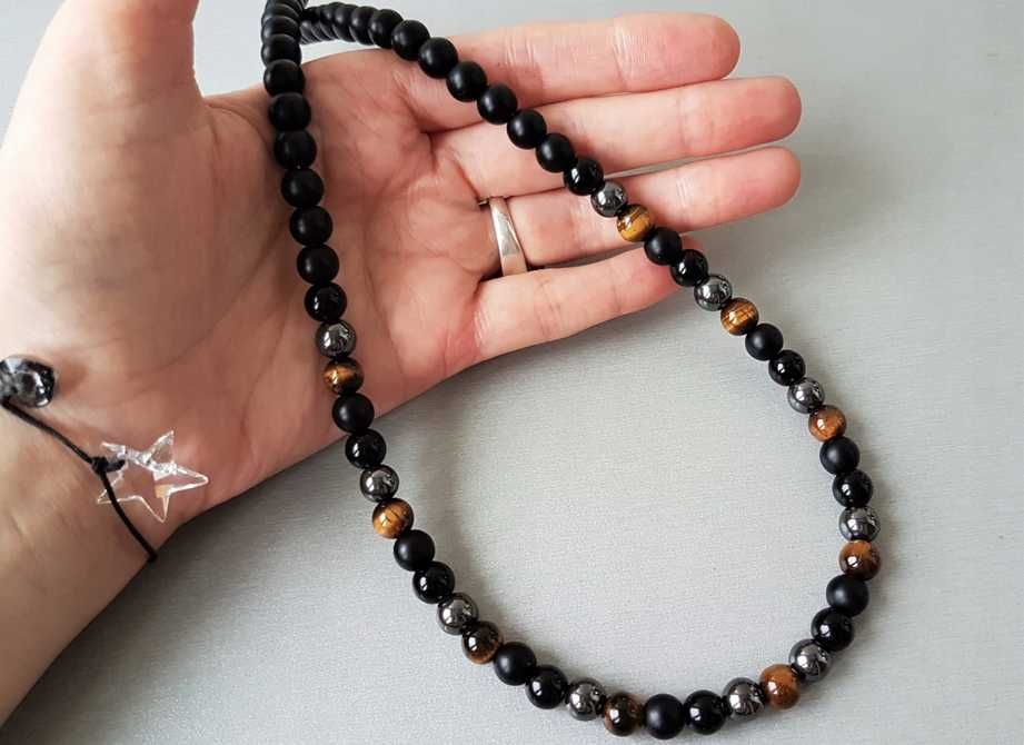 MĘSKI NASZYJNIK  I BRANSOLETKA komplet onyks tygrysie oko hematyt hit