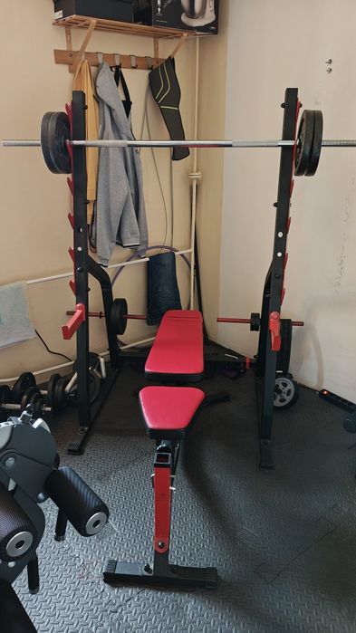 Zestaw Marbo Sport, Ławka, prasa do nóg, Stojak z asekuracją, 2 sztang