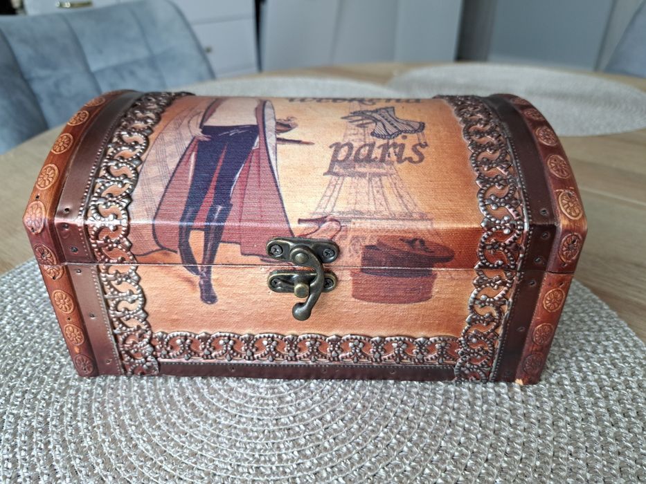 Kuferek MDF decoupage paryż brązowy skrzynka pojemnik kontener