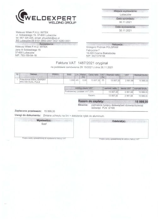 Spawarka półautomat Ideal Expert Mig 540 Dual Puls 500A MAŁO UŻYWANA!