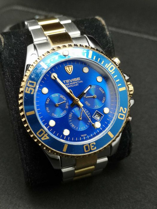 zegarek Tevise T823 Złoty Niebieski Automatyczny Full Calendar