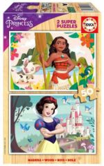 Puzzle drewniane 2x50 Vaiana Królewna Śnieżka pudełko,254x169 mm