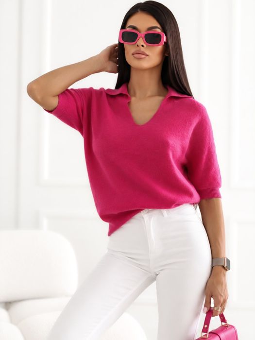 Sweter damski polo fuksja z baby alpaką ITALY MODA krótki rękaw dekolt V