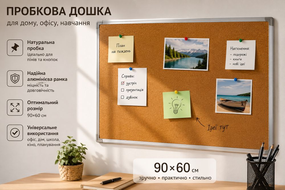 Пробкова дошка з алюмінієвою рамою, 60 х 90 сантиметрів