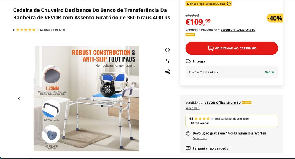 Cadeira de chuveiro deslizante - ótima condição, como novo