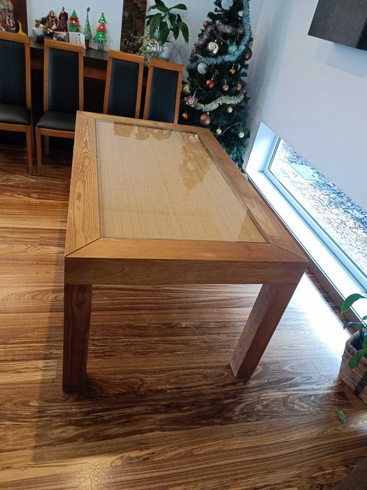 Dining Table, Solid Wood Top with Tempered Glass, L 0.95 × W 1.6 × H 0.864285485626498123