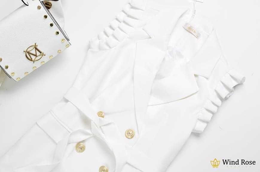 Sukienka / marynarka NOIX biała złote guziki + falbanki r. 36