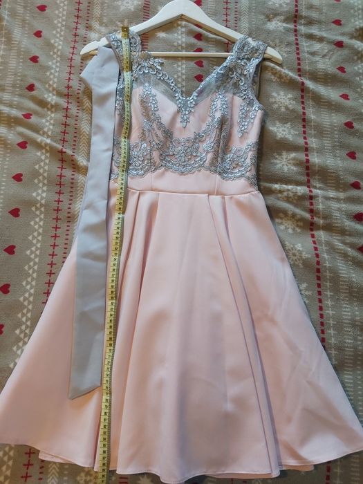 Sukienka damska BICOTONE, roz.34, nowa, jasny róż, szara koronka