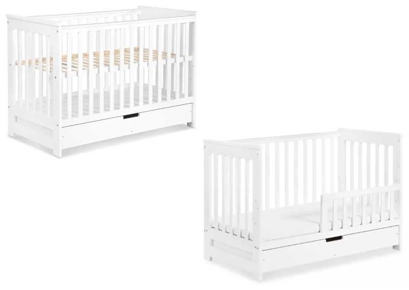 Łóżeczko 120x60 z SZUFLADĄ i barierką+materac Hilding+karuzela+pościel