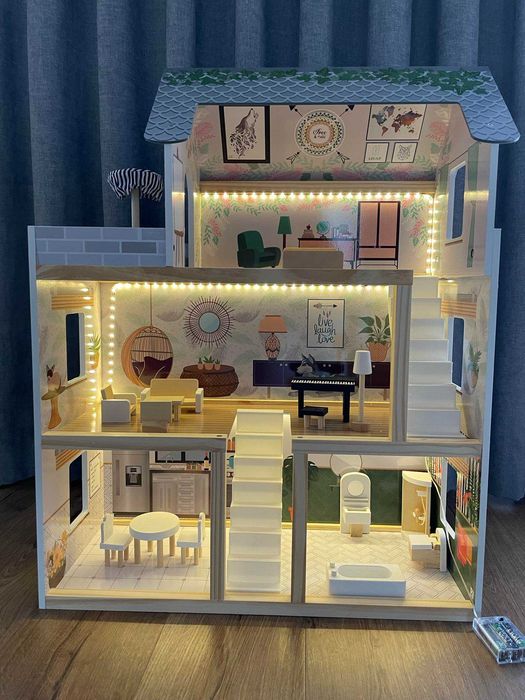NOWY Domek dla lalek drewniany + mebelki 78cm oświetlenie LED