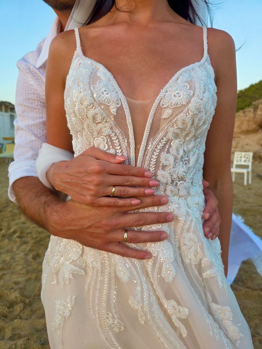 Suknia ślubna, ecru, pudrowy, koraliki, boho, welon