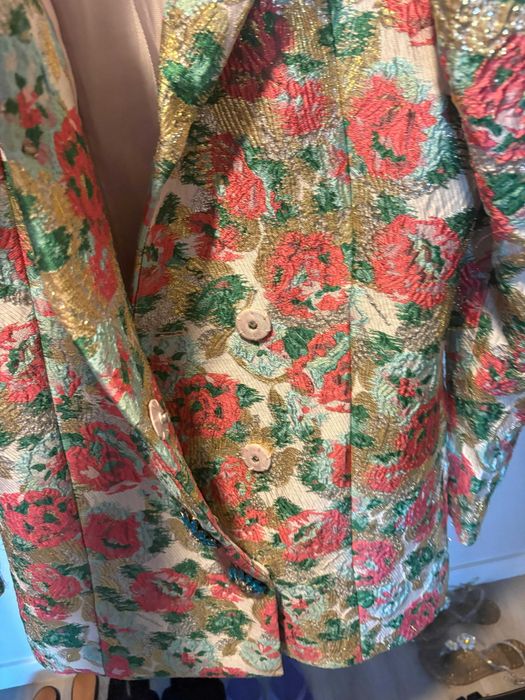 vestido estilo blazer da Rotate Birger Christensen apresenta um tecido jacquard floral metálico com mangas bufantes marcantes uk 12
