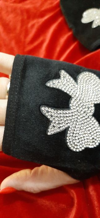 Rekawiczki czarne welur cyrkonie srebrne nowe bez palców