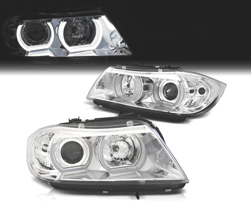FARÓIS BMW E90 E91 05-08 XENON ANGEL EYES U 3D LED FUNDO CROMADO