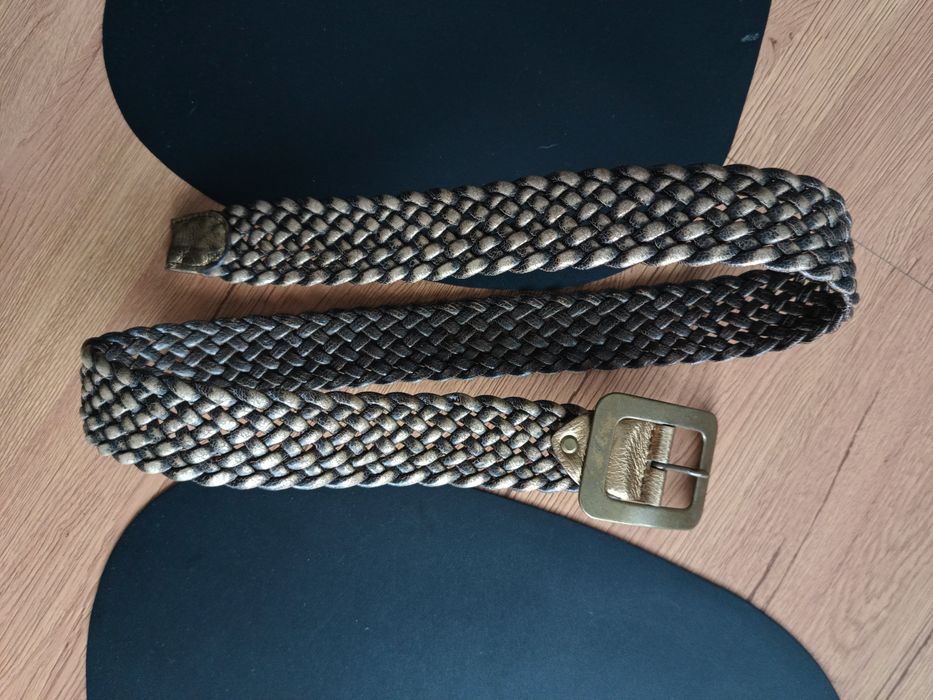 Pasek pleciony skóra naturalna retro vintage brąz złoto