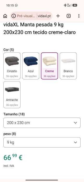 Manta pesada 9 kg 200x230 cm tecido creme-claro