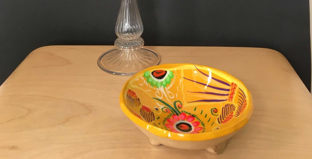 Pequena taça, tigela cerâmica vidrada, pintada à mão, mexicana, nova