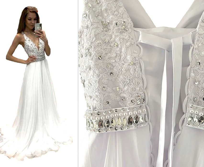 Suknia ślubna #42 wiązana koronka koraliki perełki rozmiar 36 S